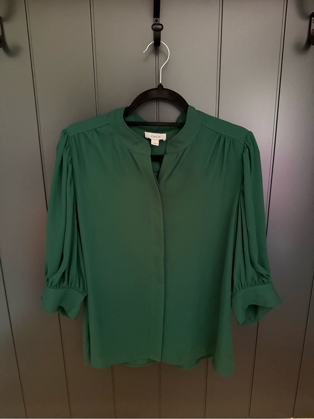 🌲 CeCe Women's 3/4 Sleeve Button Down Dark Forest Green Collar Blouse - Size L - Picture 4 of 12